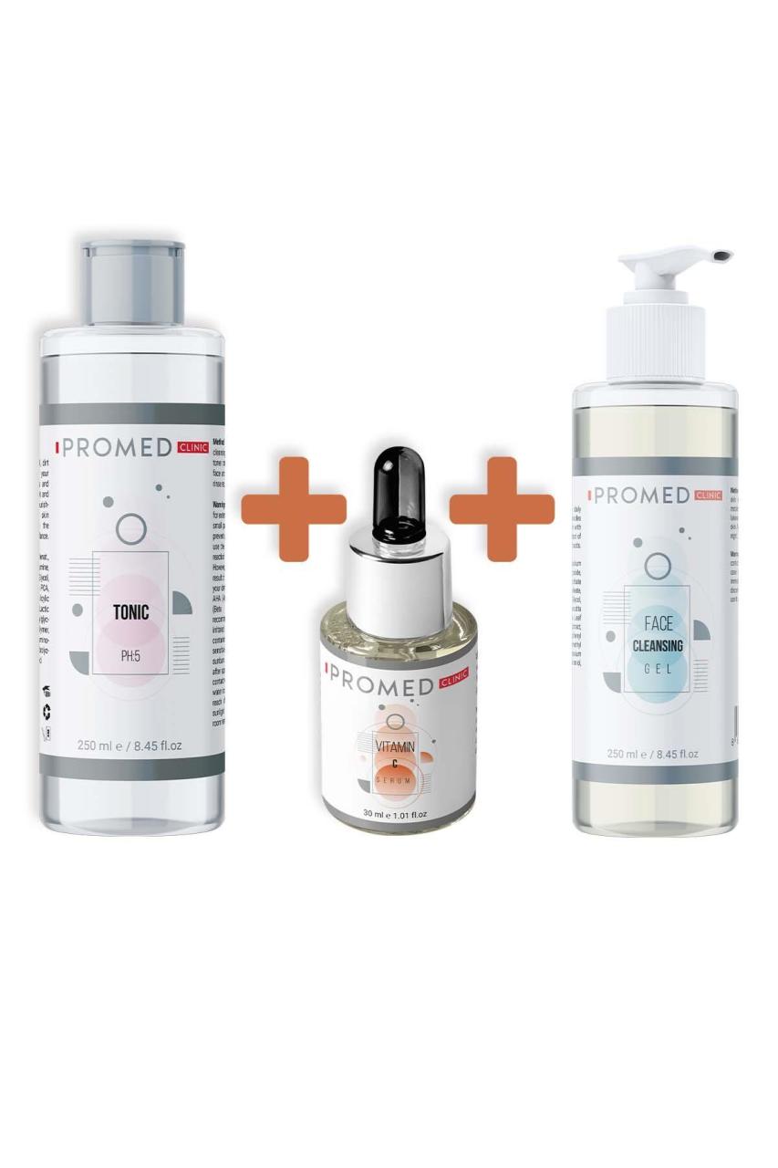 C Vitamini ve Leke Önleyici Serum 30 ml  +  Kir ve Makyaj Kalıntılarını Temizleyici Tonik 250 ml  +  Yüz Temizleme Jeli Yatıştırıcı ve Dinlendirici Bileşenli 250 ml